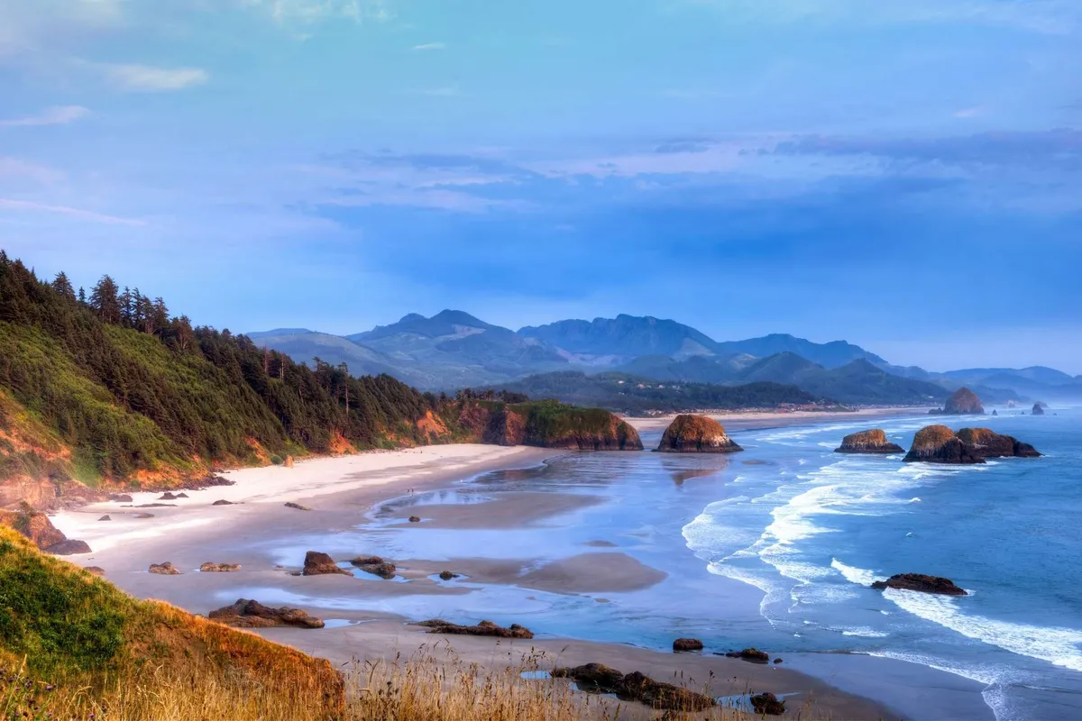 This image showcases a sweeping view of a sandy beach with striking rock formations, lapping ocean waves, a distant mountain range, and the edge of a coastal forest. The natural setting is tranquil and inviting, evoking the sense of open space and outdoor exploration mentioned in the section.